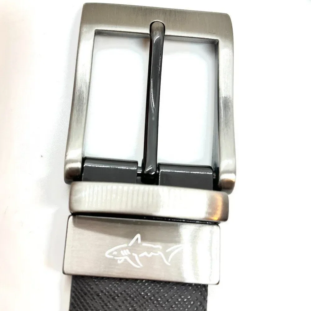 GREG NORMAN BELT Mens 36 Genuine Leather Gray Reversible White Shark Logo